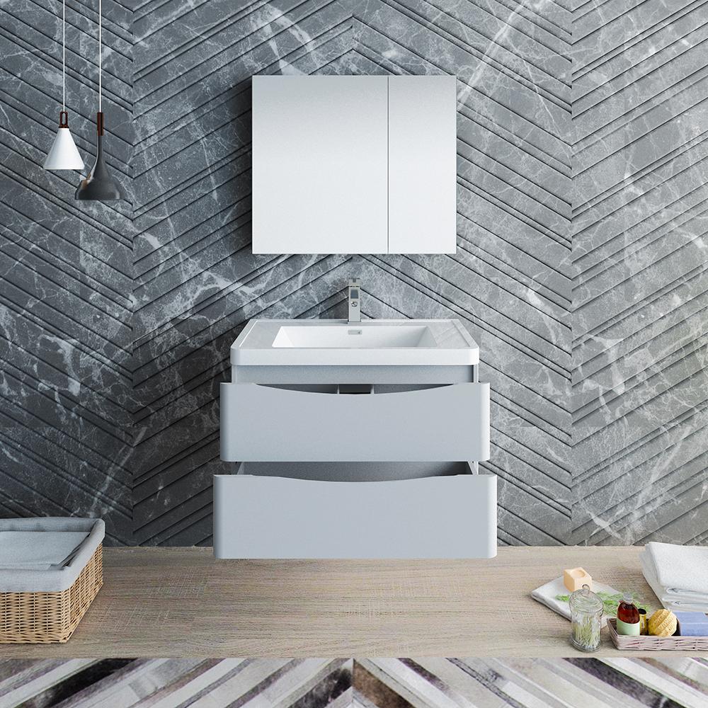Fresca Tuscany 32" Glossy Gray Wall Hung Modern Bathroom Vanity w/ Medicine Cabinet