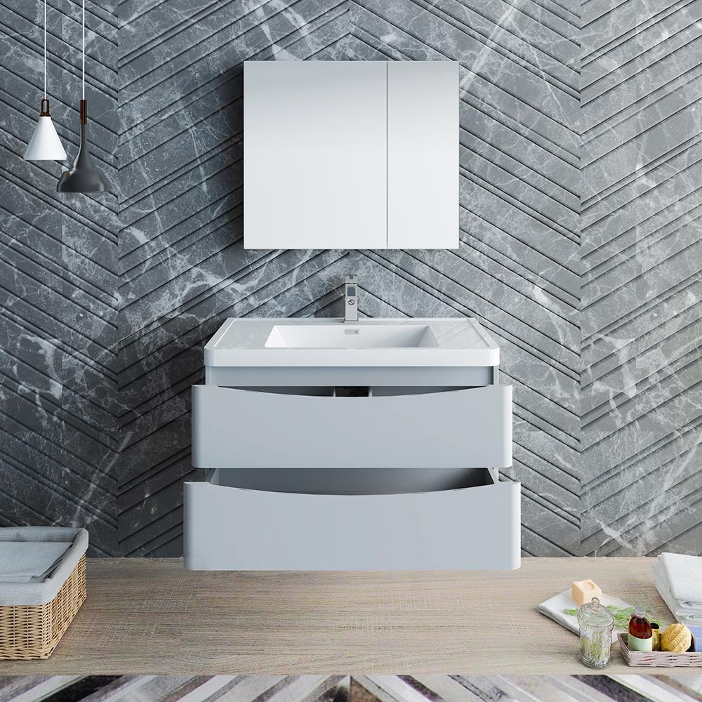 Fresca Tuscany 36" Glossy Gray Wall Hung Modern Bathroom Vanity w/ Medicine Cabinet