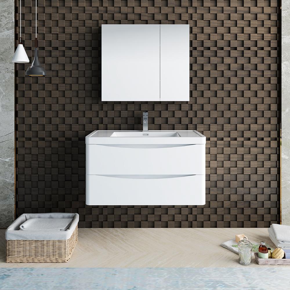 Fresca Tuscany 36" Glossy White Wall Hung Modern Bathroom Vanity w/ Medicine Cabinet