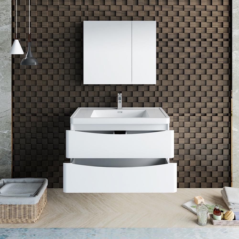 Fresca Tuscany 36" Glossy White Wall Hung Modern Bathroom Vanity w/ Medicine Cabinet