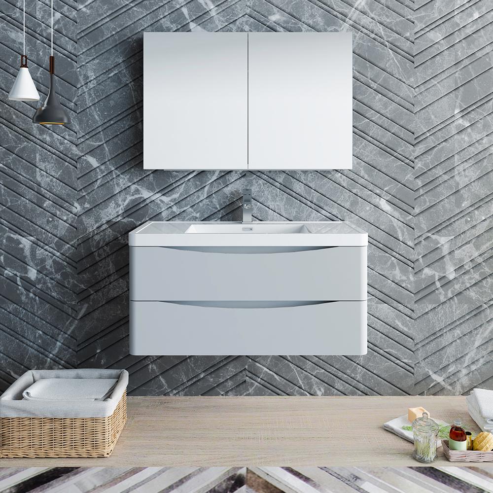 Fresca Tuscany 40" Glossy Gray Wall Hung Modern Bathroom Vanity w/ Medicine Cabinet