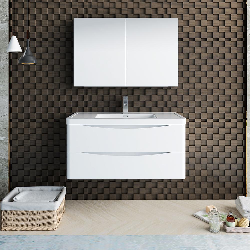 Fresca Tuscany 40" Glossy White Wall Hung Modern Bathroom Vanity w/ Medicine Cabinet