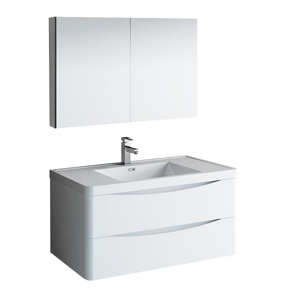 Fresca Tuscany 40" Glossy White Wall Hung Modern Bathroom Vanity w/ Medicine Cabinet