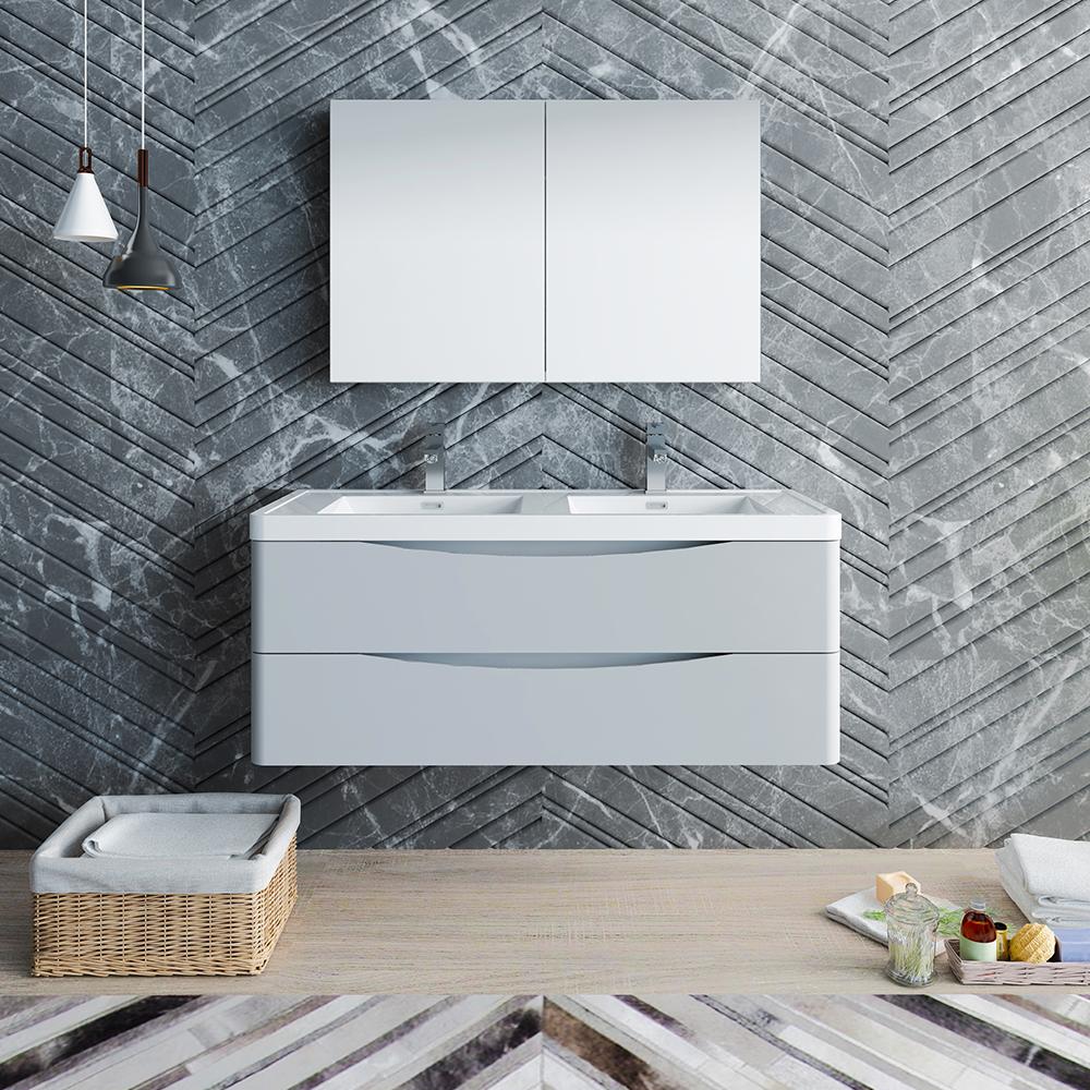 Fresca Tuscany 48" Glossy Gray Wall Hung Double Sink Modern Bathroom Vanity w/ Medicine Cabinet