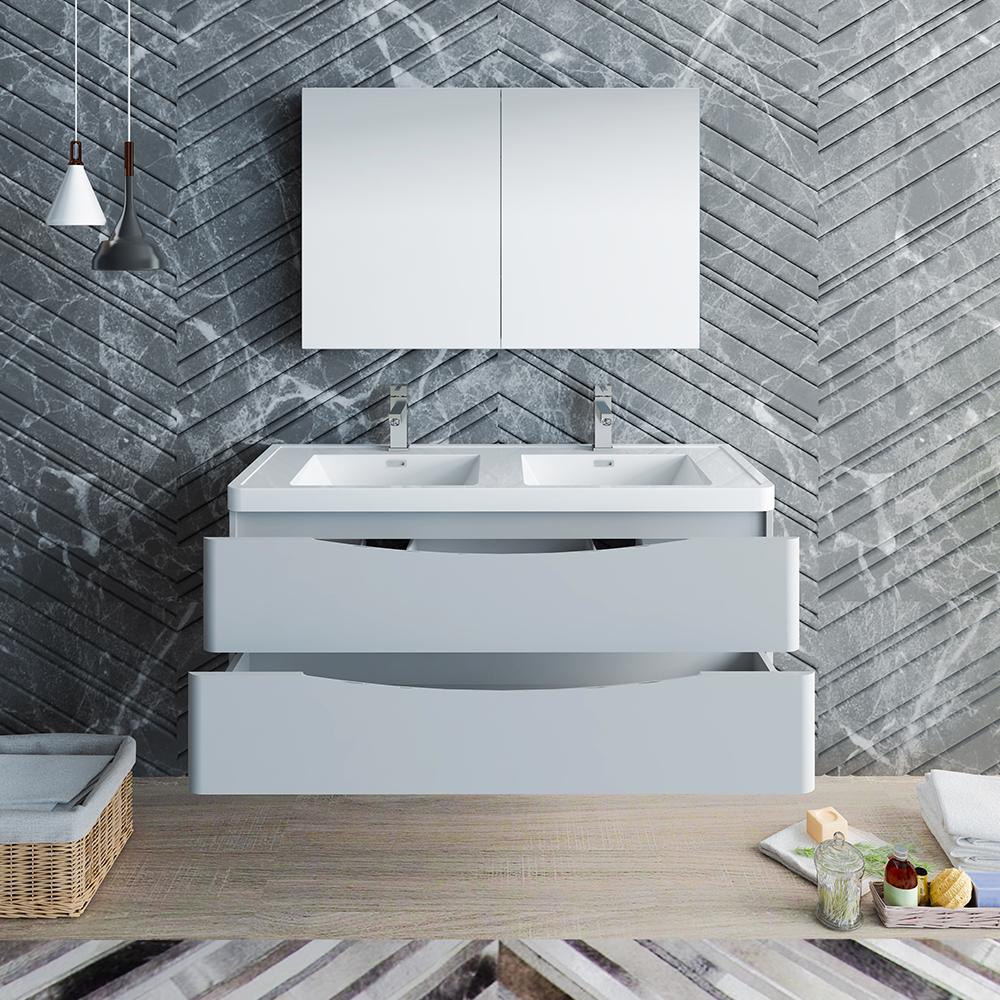 Fresca Tuscany 48" Glossy Gray Wall Hung Double Sink Modern Bathroom Vanity w/ Medicine Cabinet