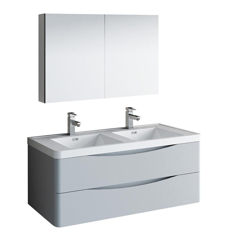Fresca Tuscany 48" Glossy Gray Wall Hung Double Sink Modern Bathroom Vanity w/ Medicine Cabinet