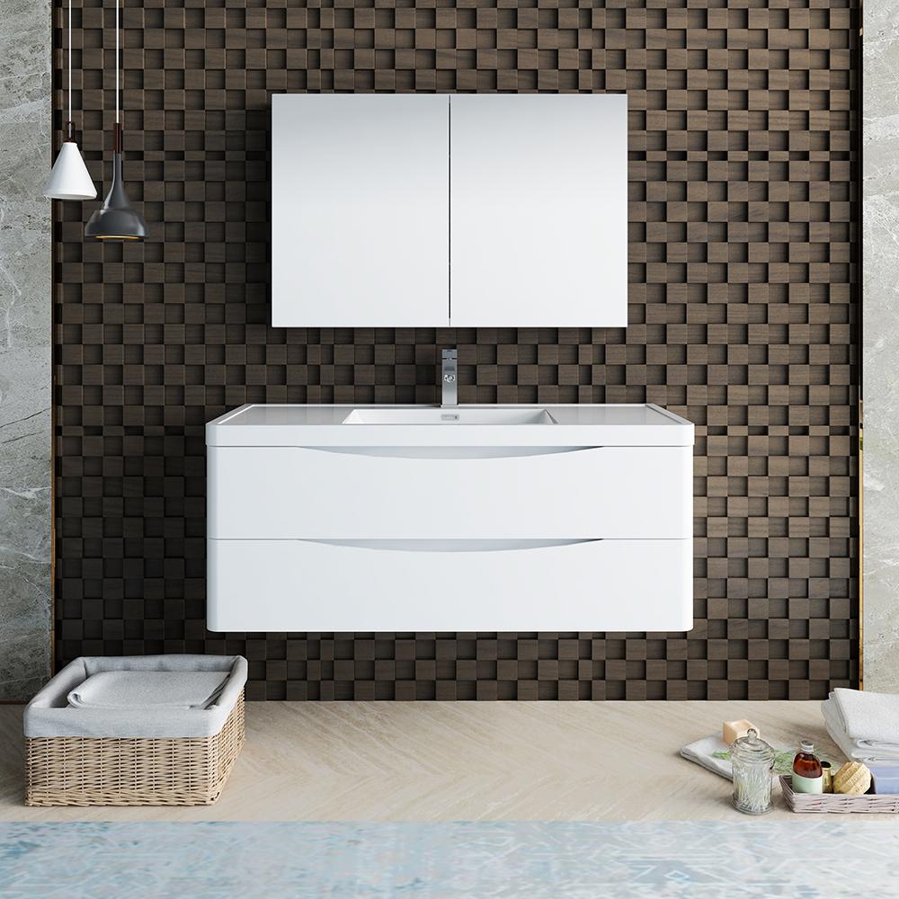 Fresca Tuscany 48" Glossy White Wall Hung Modern Bathroom Vanity w/ Medicine Cabinet