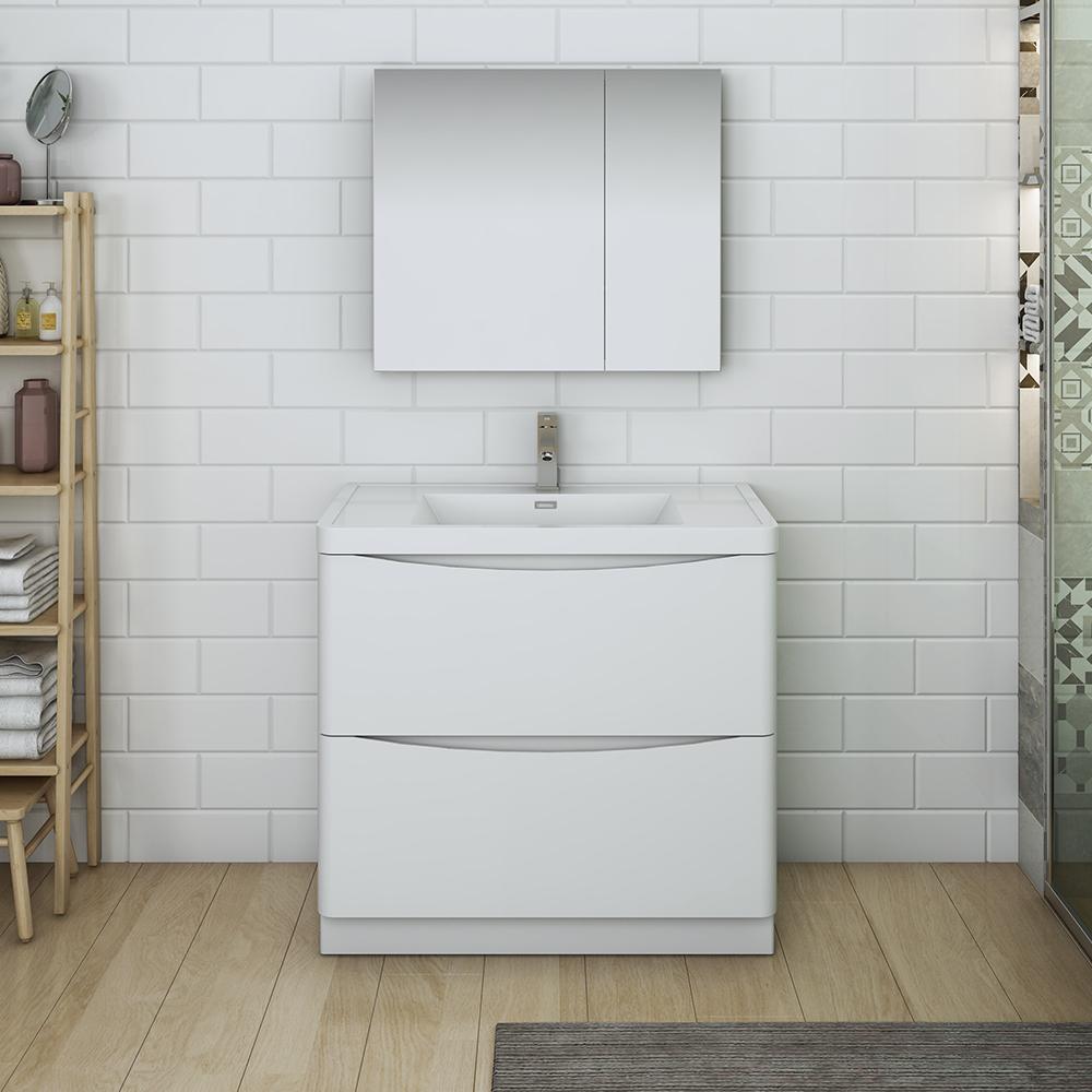 Fresca Tuscany 36" Glossy White Free Standing Modern Bathroom Vanity w/ Medicine Cabinet