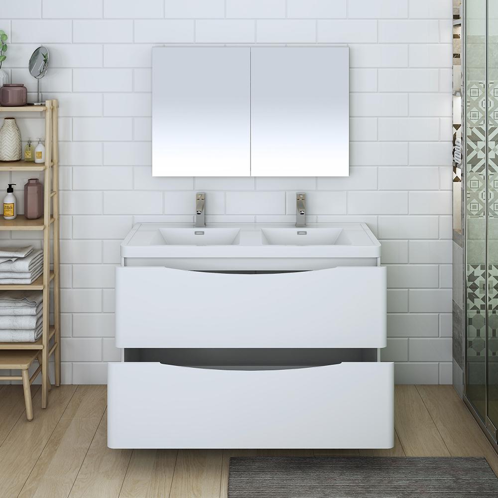 Fresca Tuscany 48" Glossy White Free Standing Double Sink Modern Bathroom Vanity w/ Medicine Cabinet