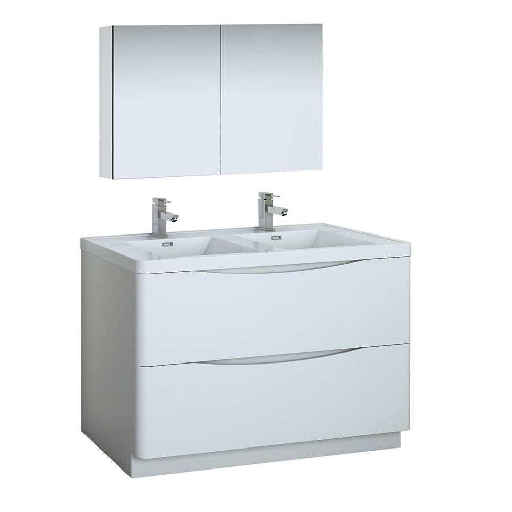 Fresca Tuscany 48" Glossy White Free Standing Double Sink Modern Bathroom Vanity w/ Medicine Cabinet