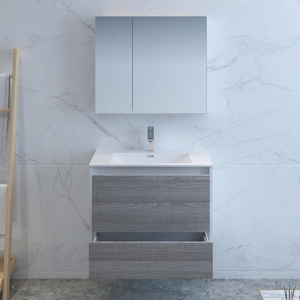 Fresca Catania 30" Glossy Ash Gray Wall Hung Modern Bathroom Vanity w/ Medicine Cabinet
