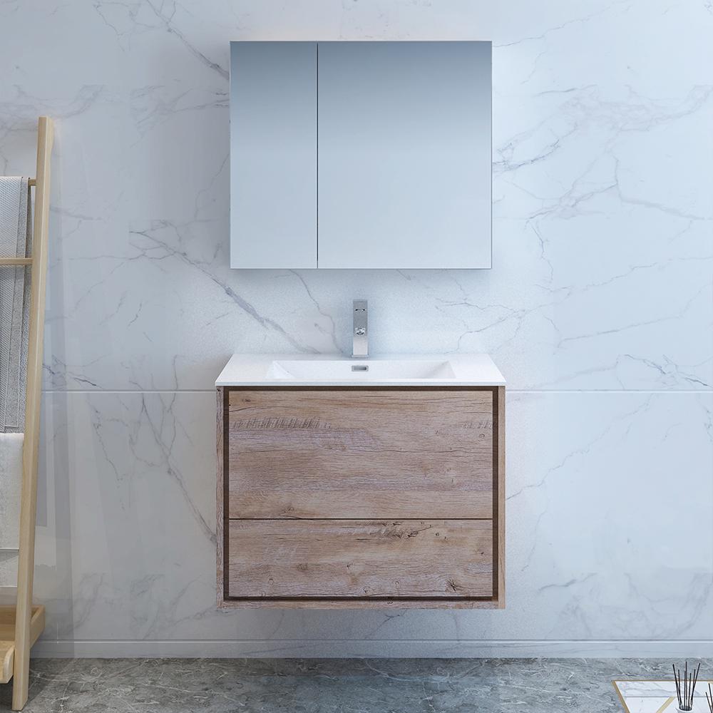 Fresca Catania 30" Rustic Natural Wood Wall Hung Modern Bathroom Vanity w/ Medicine Cabinet