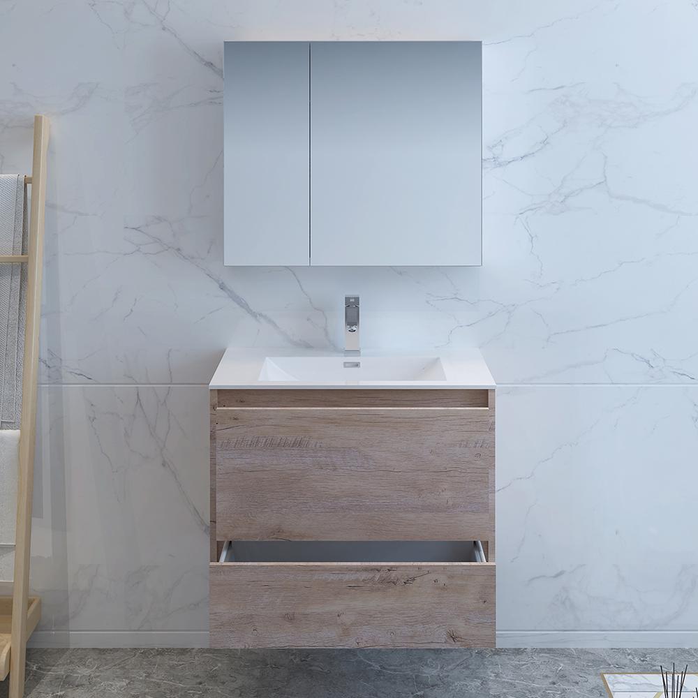 Fresca Catania 30" Rustic Natural Wood Wall Hung Modern Bathroom Vanity w/ Medicine Cabinet