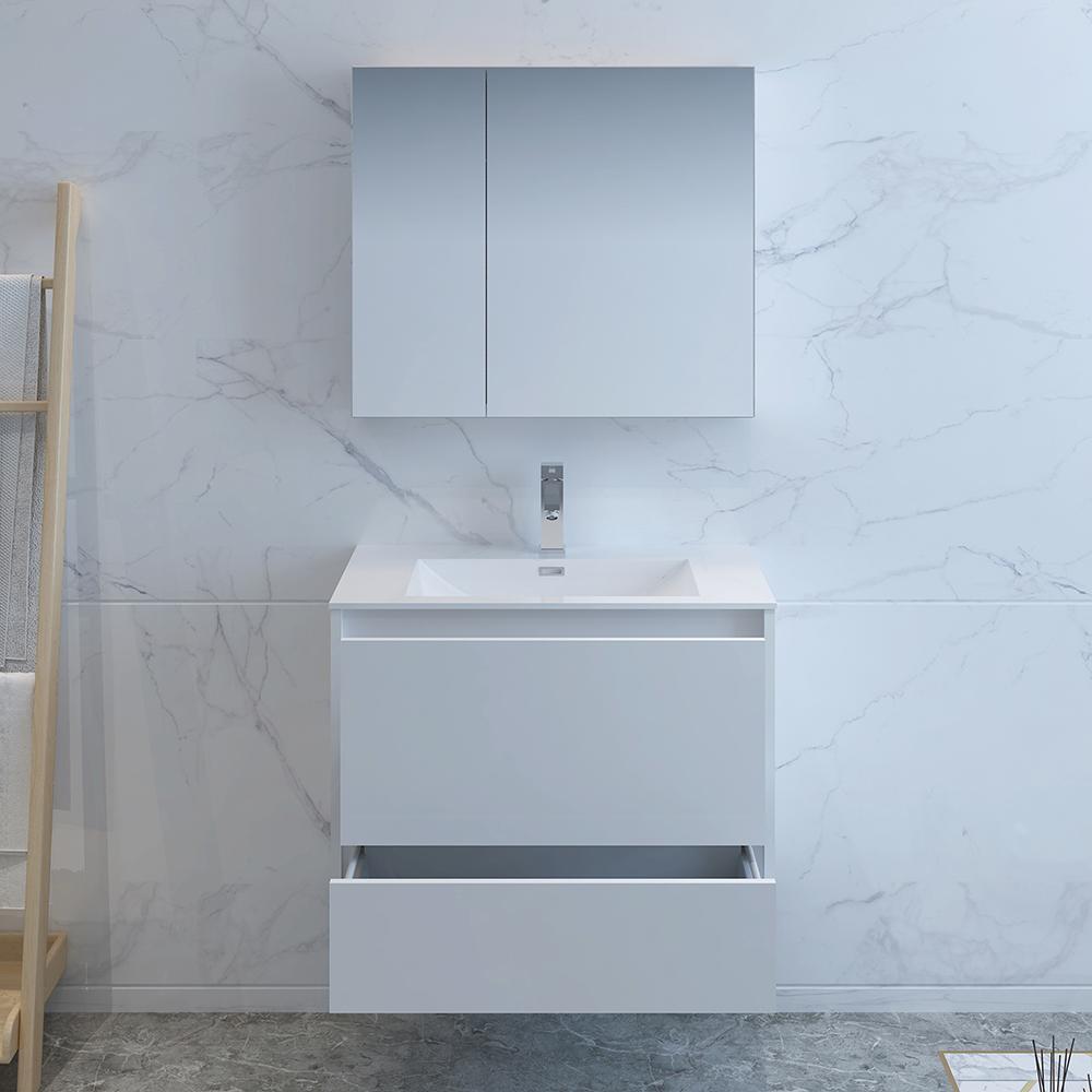 Fresca Catania 30" Glossy White Wall Hung Modern Bathroom Vanity w/ Medicine Cabinet
