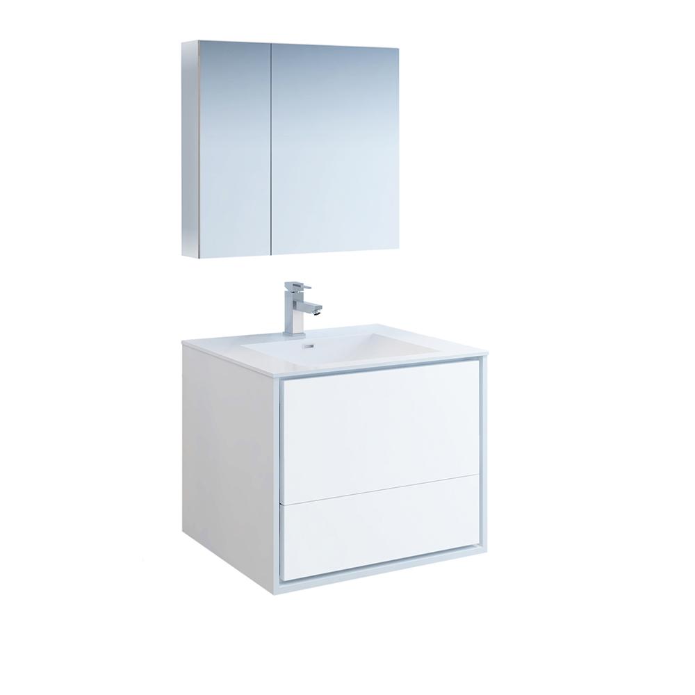 Fresca Catania 30" Glossy White Wall Hung Modern Bathroom Vanity w/ Medicine Cabinet
