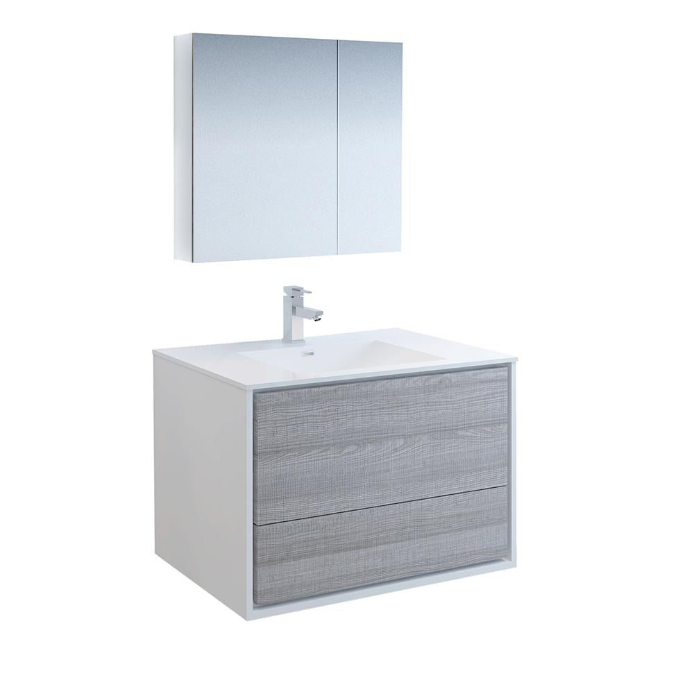 Fresca Catania 36" Glossy Ash Gray Wall Hung Modern Bathroom Vanity w/ Medicine Cabinet