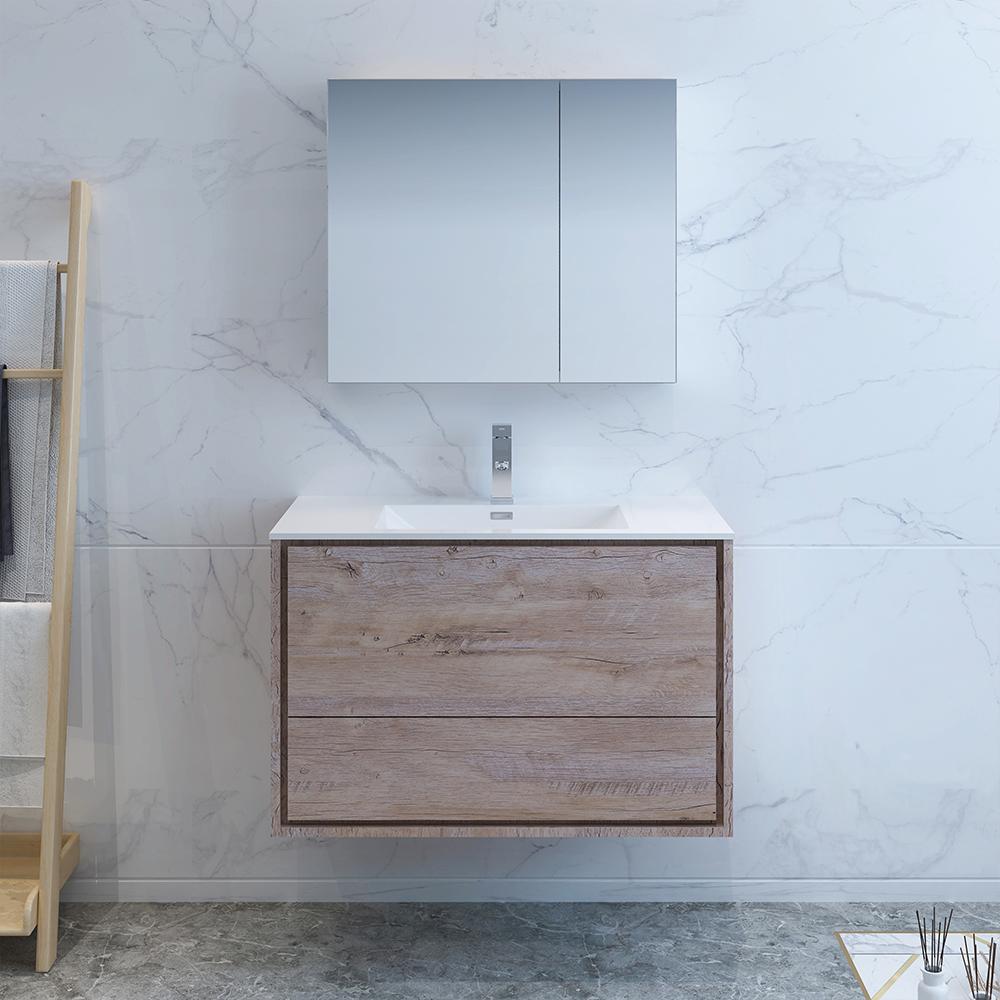 Fresca Catania 36" Rustic Natural Wood Wall Hung Modern Bathroom Vanity w/ Medicine Cabinet