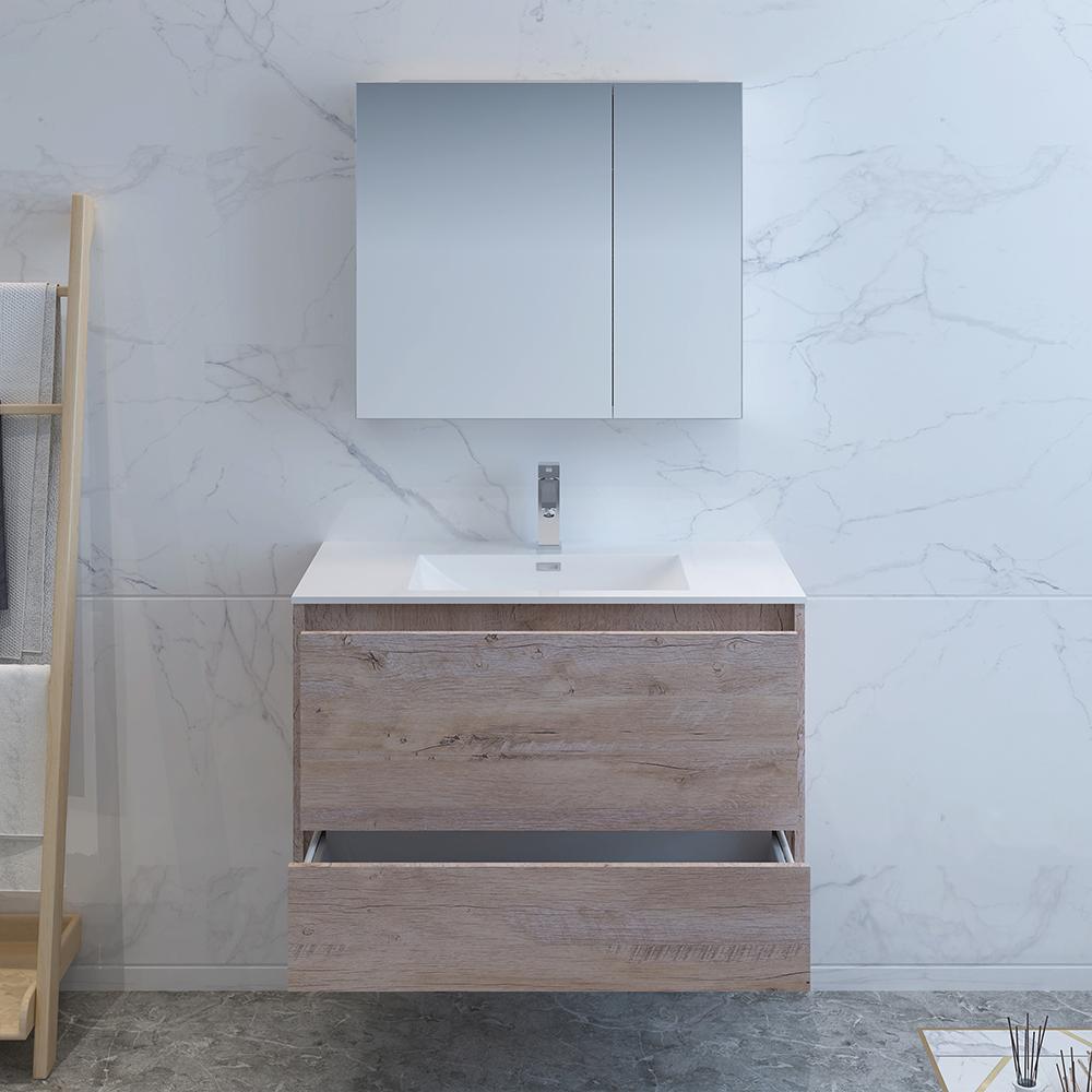 Fresca Catania 36" Rustic Natural Wood Wall Hung Modern Bathroom Vanity w/ Medicine Cabinet