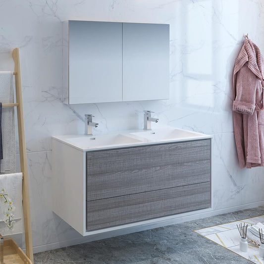 Fresca-Catania-48"-Glossy-Ash-Gray-Wall-Hung-Double-Sink-Modern-Bathroom-Vanity-w/-Medicine-Cabinet-(FVN9248HA-D)
