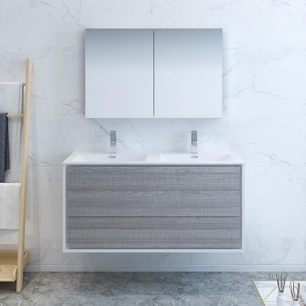 Fresca Catania 48" Glossy Ash Gray Wall Hung Double Sink Modern Bathroom Vanity w/ Medicine Cabinet
