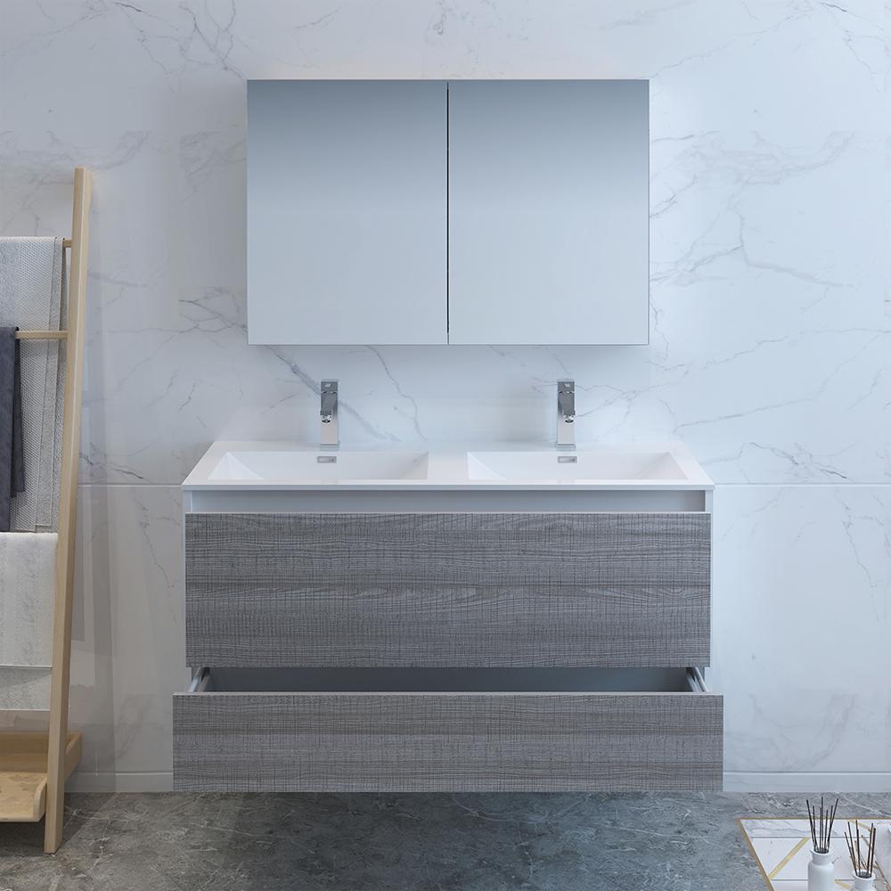 Fresca Catania 48" Glossy Ash Gray Wall Hung Double Sink Modern Bathroom Vanity w/ Medicine Cabinet
