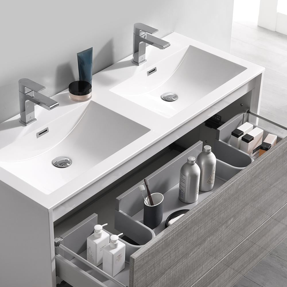 Fresca Catania 48" Glossy Ash Gray Wall Hung Double Sink Modern Bathroom Vanity w/ Medicine Cabinet