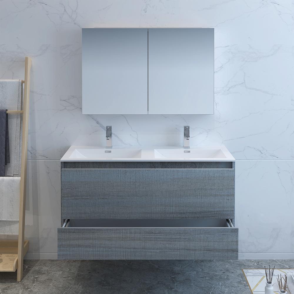 Fresca Catania 48" Ocean Gray Wall Hung Double Sink Modern Bathroom Vanity w/ Medicine Cabinet