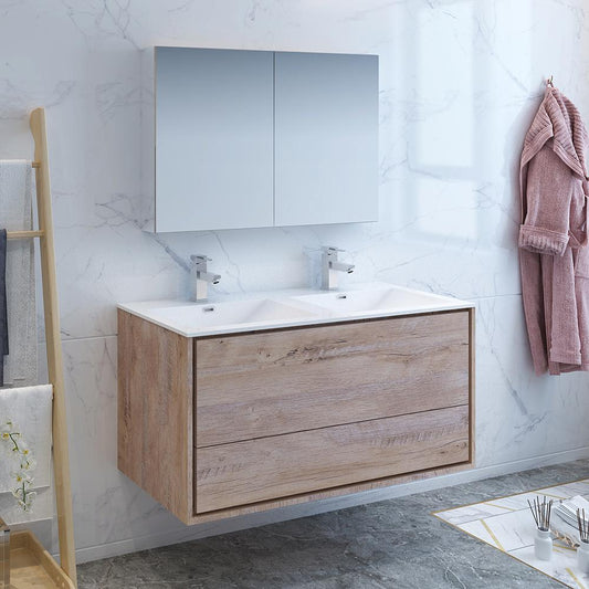 Fresca-Catania-48"-Rustic-Natural-Wood-Wall-Hung-Double-Sink-Modern-Bathroom-Vanity-w/-Medicine-Cabinet-(FVN9248RNW-D)