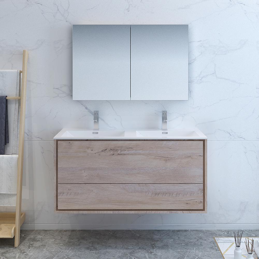 Fresca Catania 48" Rustic Natural Wood Wall Hung Double Sink Modern Bathroom Vanity w/ Medicine Cabinet
