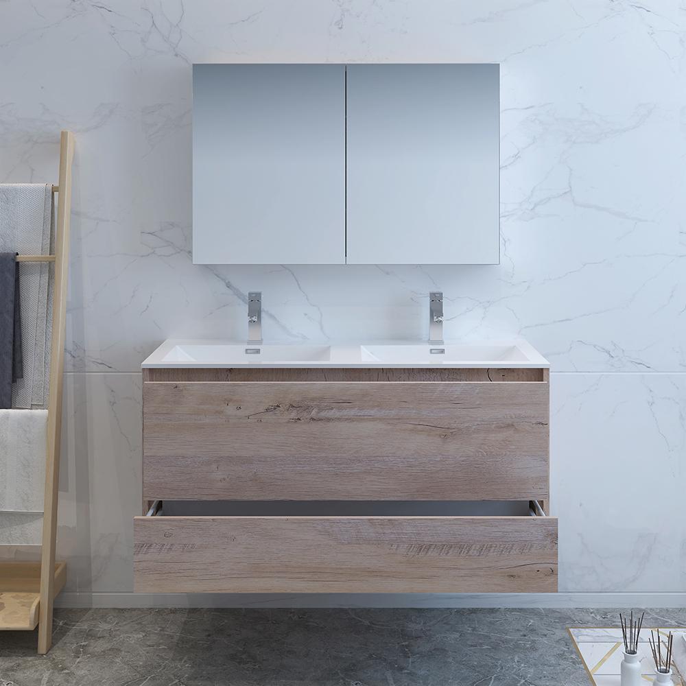 Fresca Catania 48" Rustic Natural Wood Wall Hung Double Sink Modern Bathroom Vanity w/ Medicine Cabinet