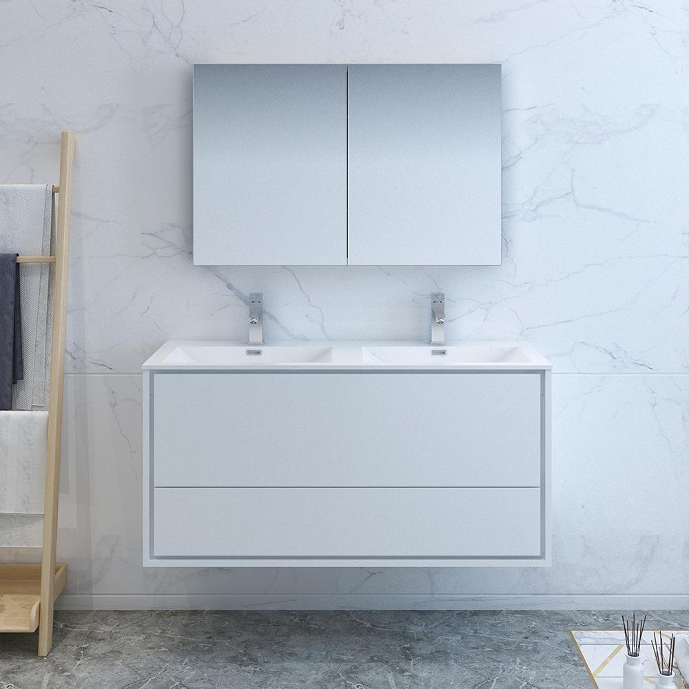 Fresca Catania 48" Glossy White Wall Hung Double Sink Modern Bathroom Vanity w/ Medicine Cabinet
