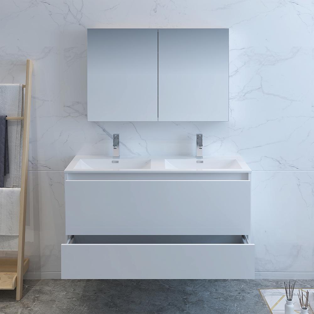 Fresca Catania 48" Glossy White Wall Hung Double Sink Modern Bathroom Vanity w/ Medicine Cabinet