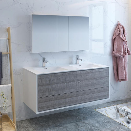 Fresca-Catania-60"-Glossy-Ash-Gray-Wall-Hung-Double-Sink-Modern-Bathroom-Vanity-w/-Medicine-Cabinet-(FVN9260HA-D)