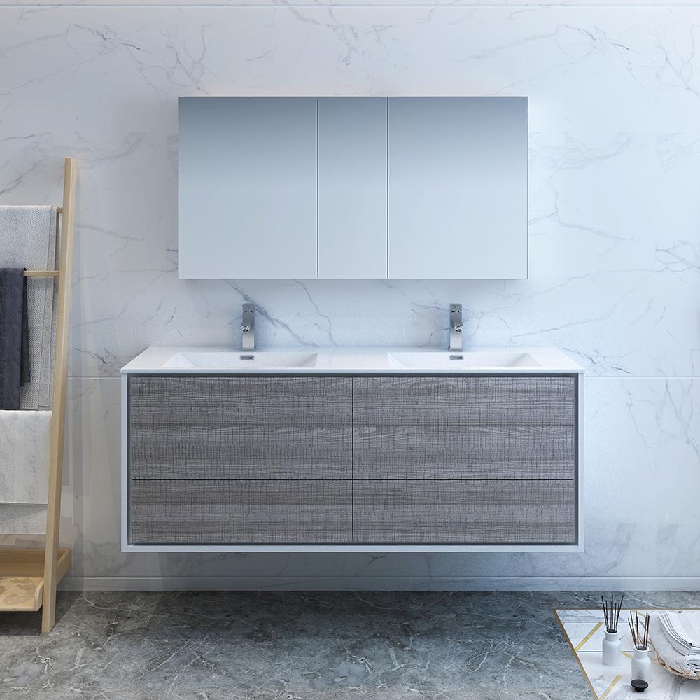 Fresca Catania 60" Glossy Ash Gray Wall Hung Double Sink Modern Bathroom Vanity w/ Medicine Cabinet