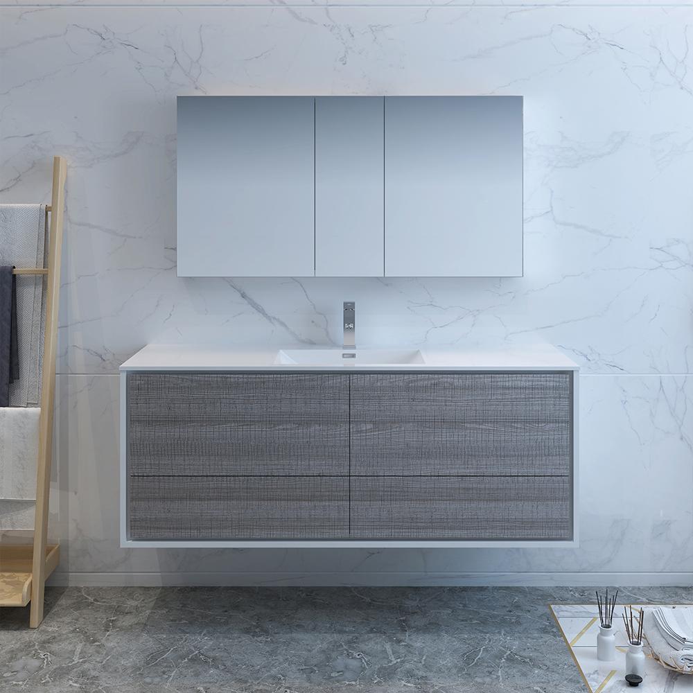 Fresca Catania 60" Glossy Ash Gray Wall Hung Single Sink Modern Bathroom Vanity w/ Medicine Cabinet