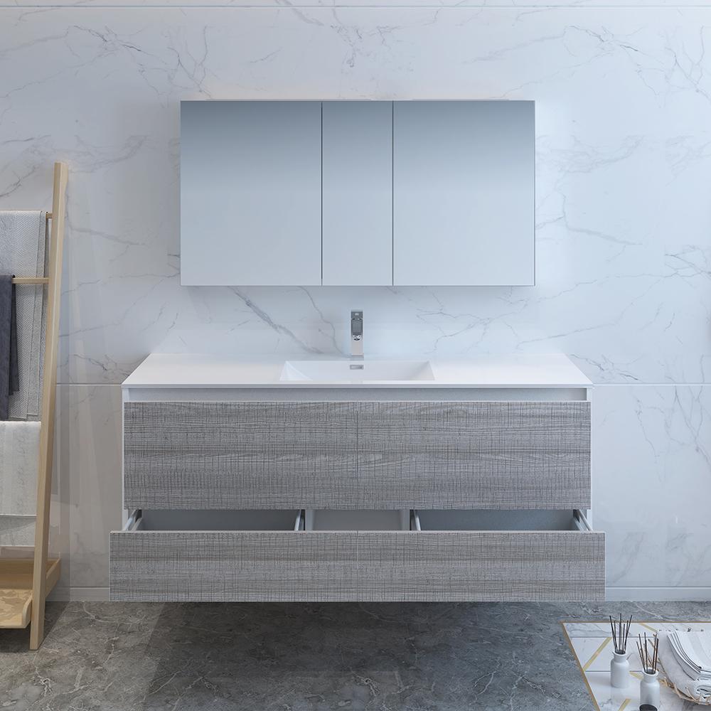 Fresca Catania 60" Glossy Ash Gray Wall Hung Single Sink Modern Bathroom Vanity w/ Medicine Cabinet