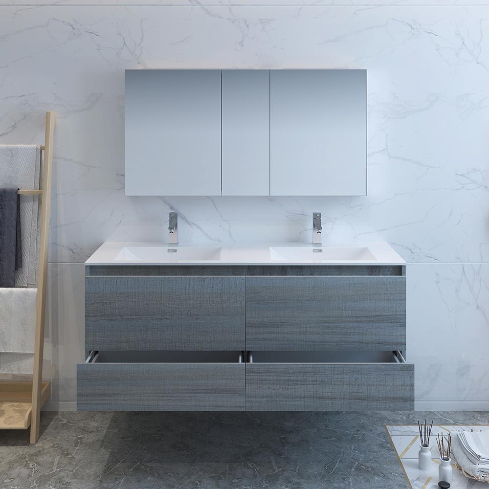 Fresca Catania 60" Ocean Gray Wall Hung Double Sink Modern Bathroom Vanity w/ Medicine Cabinet