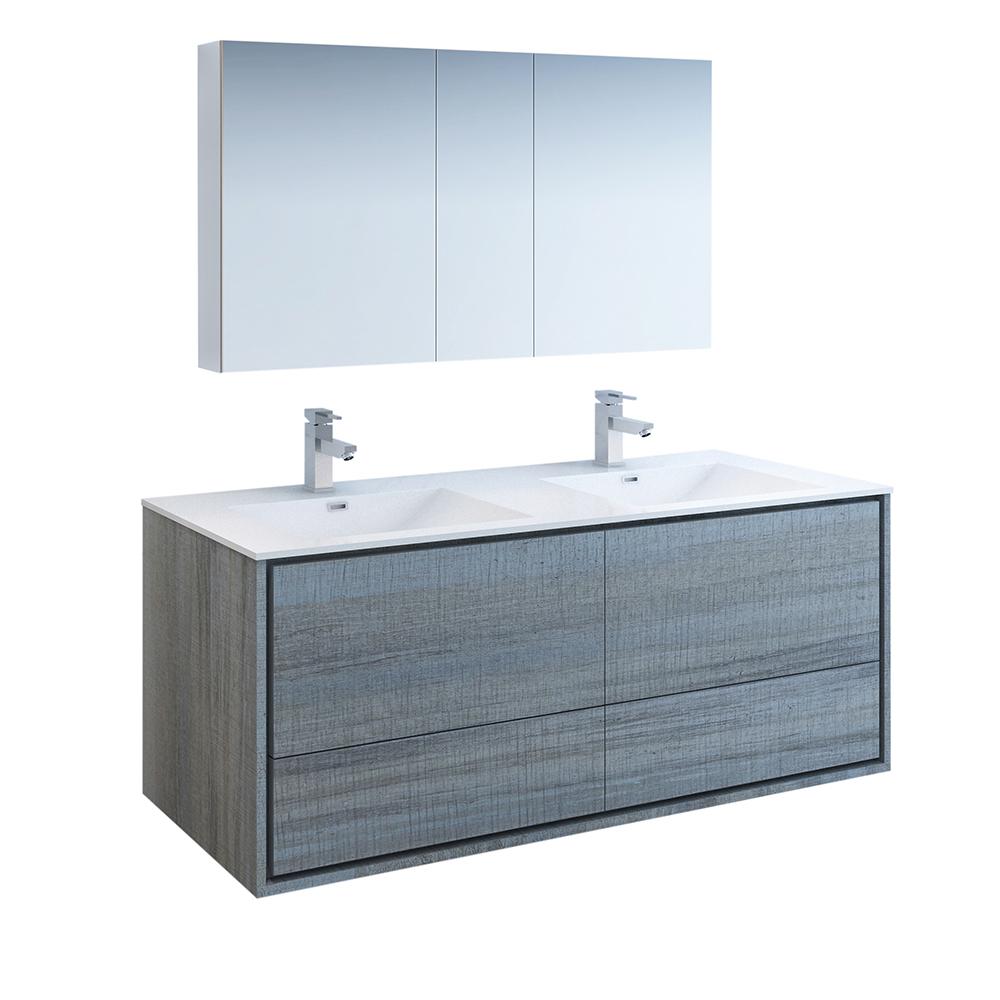 Fresca Catania 60" Ocean Gray Wall Hung Double Sink Modern Bathroom Vanity w/ Medicine Cabinet