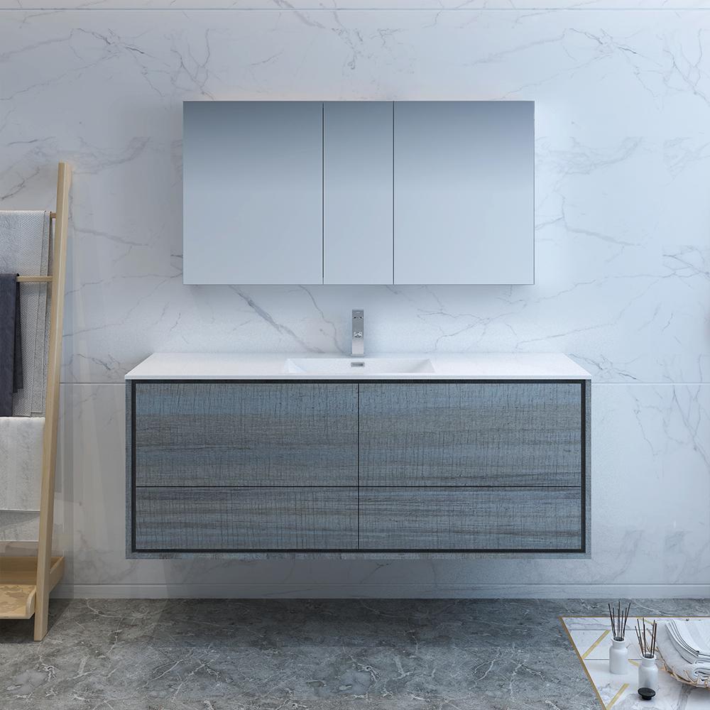 Fresca Catania 60" Ocean Gray Wall Hung Single Sink Modern Bathroom Vanity w/ Medicine Cabinet