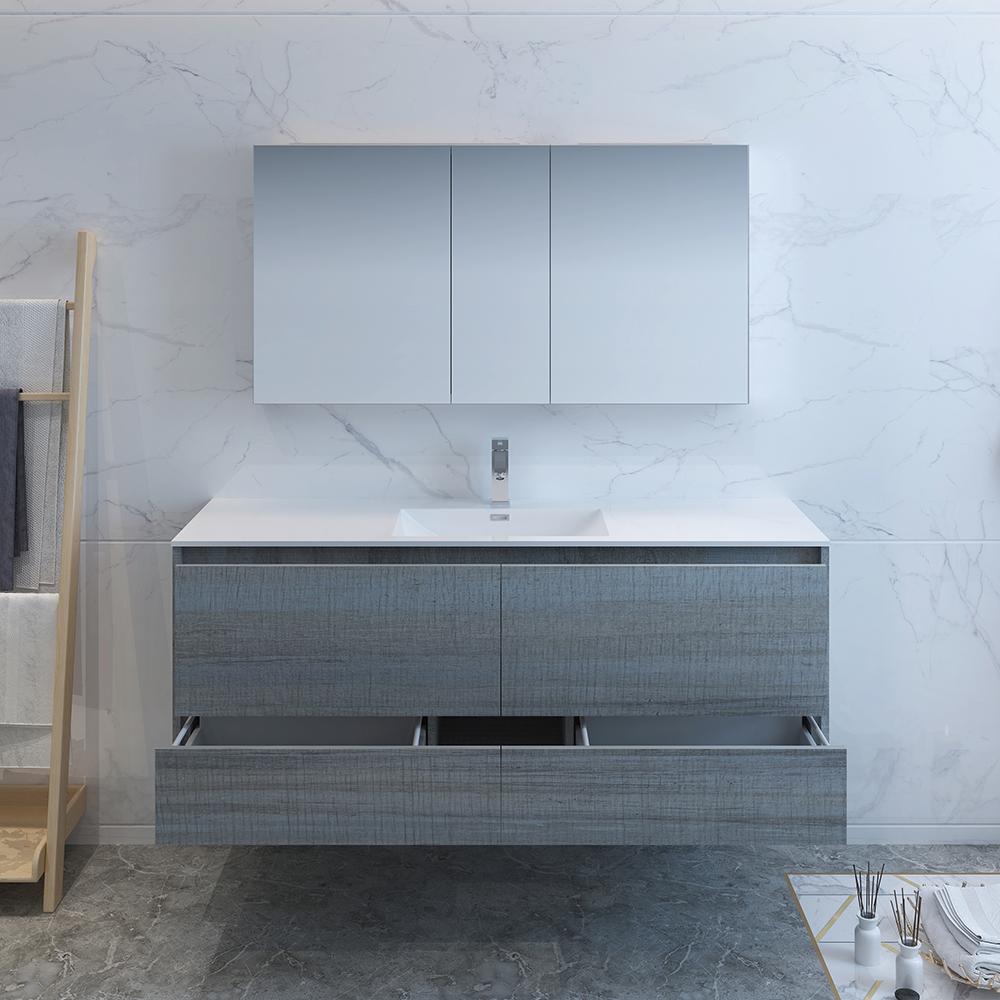 Fresca Catania 60" Ocean Gray Wall Hung Single Sink Modern Bathroom Vanity w/ Medicine Cabinet