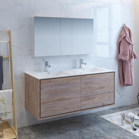 Fresca-Catania-60"-Rustic-Natural-Wood-Wall-Hung-Double-Sink-Modern-Bathroom-Vanity-w/-Medicine-Cabinet-(FVN9260RNW-D)