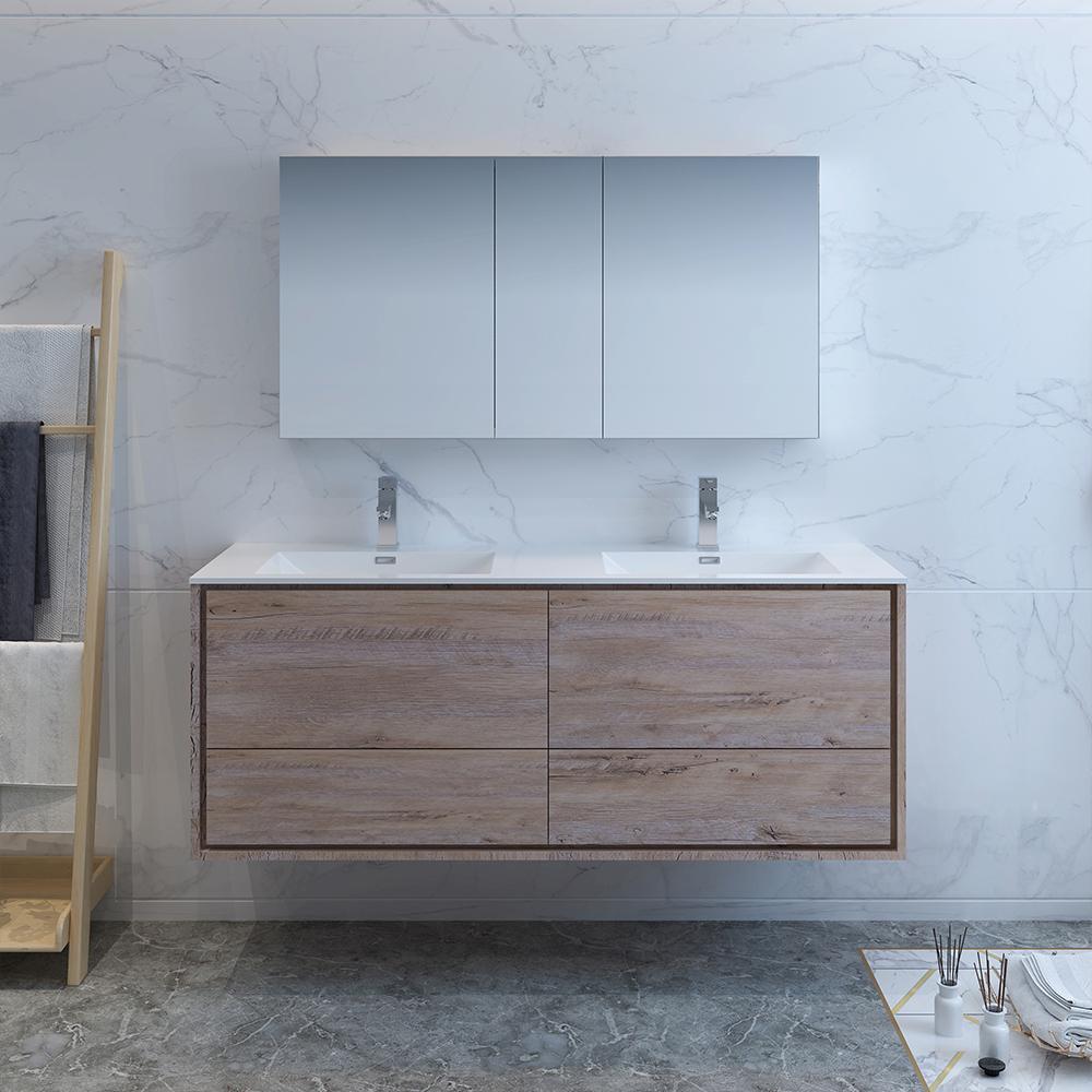 Fresca Catania 60" Rustic Natural Wood Wall Hung Double Sink Modern Bathroom Vanity w/ Medicine Cabinet