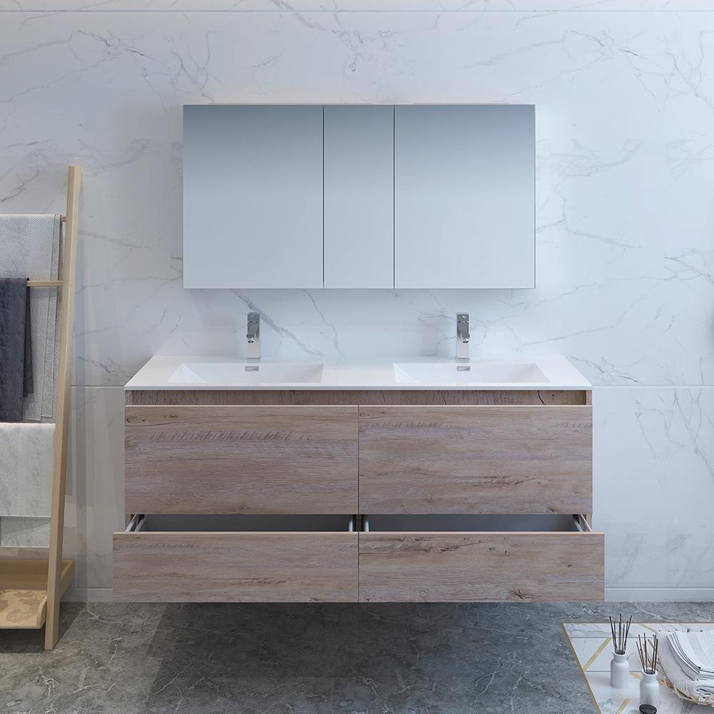 Fresca Catania 60" Rustic Natural Wood Wall Hung Double Sink Modern Bathroom Vanity w/ Medicine Cabinet