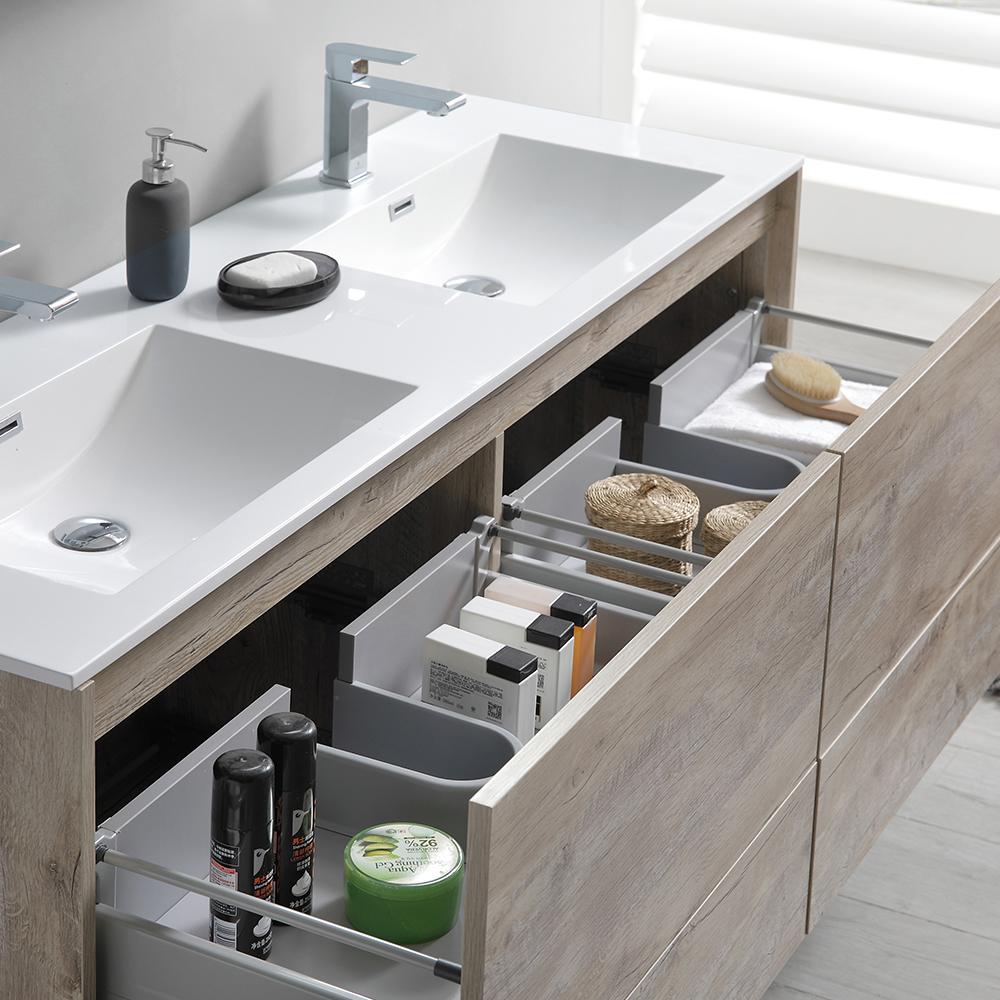 Fresca Catania 60" Rustic Natural Wood Wall Hung Double Sink Modern Bathroom Vanity w/ Medicine Cabinet