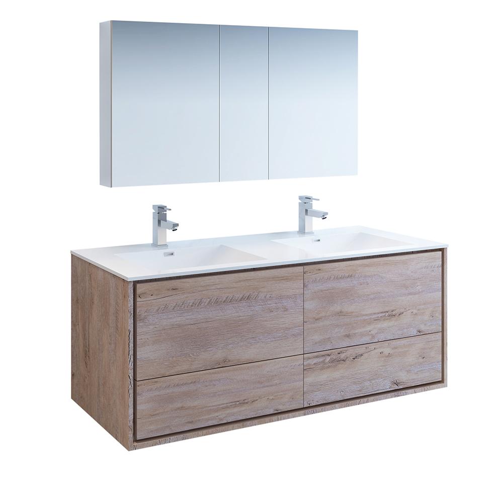 Fresca Catania 60" Rustic Natural Wood Wall Hung Double Sink Modern Bathroom Vanity w/ Medicine Cabinet