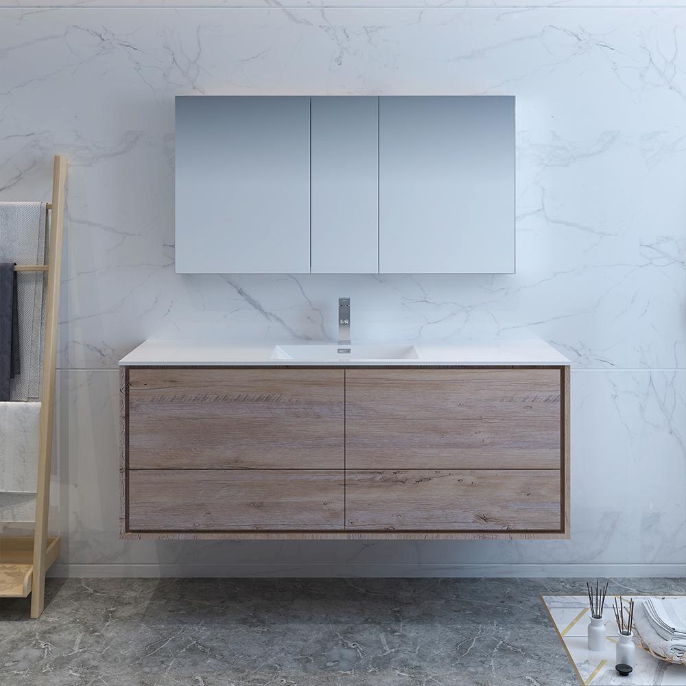 Fresca Catania 60" Rustic Natural Wood Wall Hung Single Sink Modern Bathroom Vanity w/ Medicine Cabinet