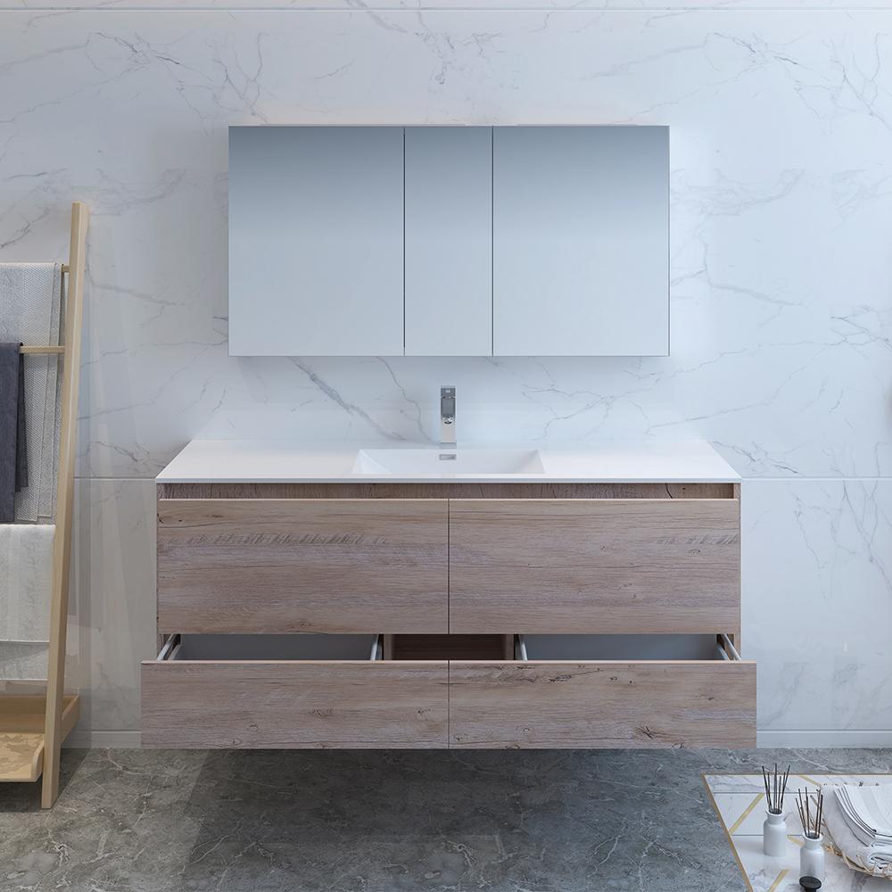 Fresca Catania 60" Rustic Natural Wood Wall Hung Single Sink Modern Bathroom Vanity w/ Medicine Cabinet