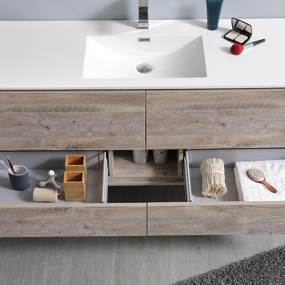 Fresca Catania 60" Rustic Natural Wood Wall Hung Single Sink Modern Bathroom Vanity w/ Medicine Cabinet