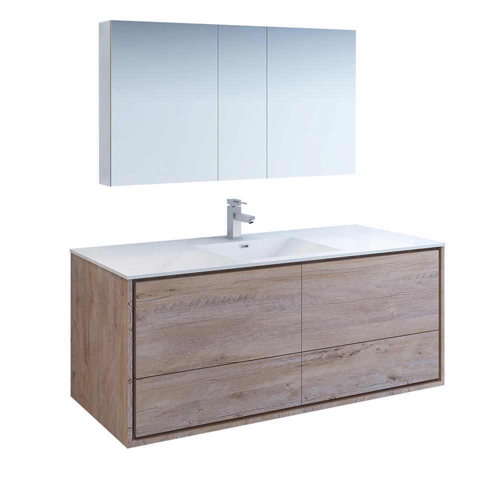Fresca Catania 60" Rustic Natural Wood Wall Hung Single Sink Modern Bathroom Vanity w/ Medicine Cabinet
