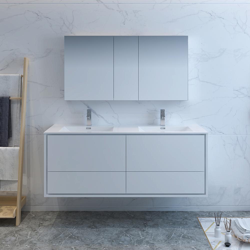 Fresca Catania 60" Glossy White Wall Hung Double Sink Modern Bathroom Vanity w/ Medicine Cabinet
